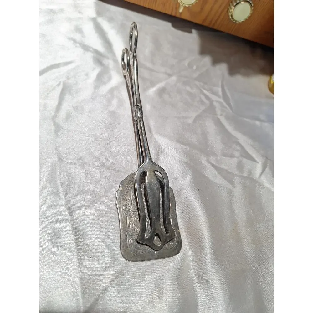 Vintage Silver Plate Scissor Pastry Tongs Engraved Cake Dessert Serving Utensil